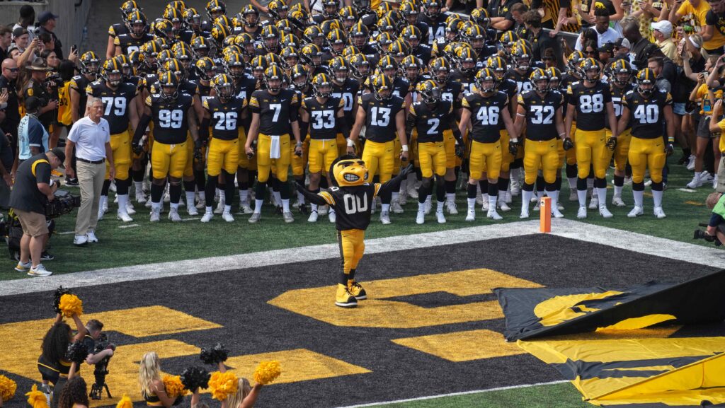 Iowa mascot Herky the Hawk on the field.