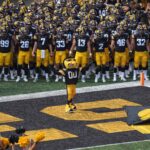 Iowa mascot Herky the Hawk on the field.