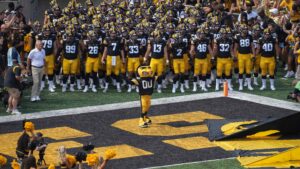 Iowa mascot Herky the Hawk on the field.