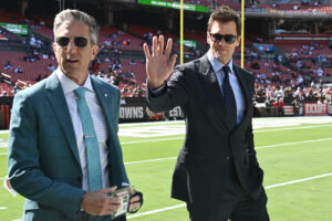 Tom Brady shown before broadcasting a game.