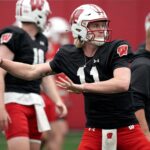 Mabrey Mettauer throws a ball during spring practice.