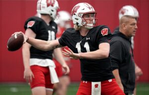 Mabrey Mettauer throws a ball during spring practice.