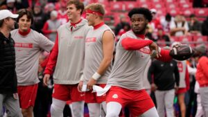Ohio State QB Air Noland warms up.