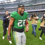 Philadelphia Eagles RB Saquon Barkley walks off the field.