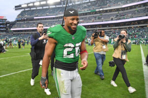 Philadelphia Eagles RB Saquon Barkley walks off the field.
