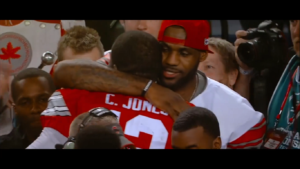 LeBron James embraces Ohio State QB Cardale Jones.