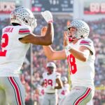 Ohio State players celebrate in Rose Bowl.