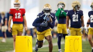 Notre Dame RB Jeremiyah Love in practice.