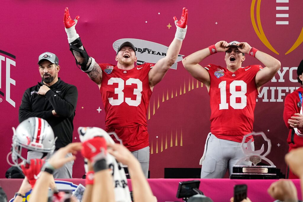 Will Howard and Jack Sawyer celebrate.
