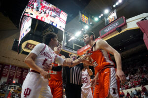 Illinois and Indiana players tussle.