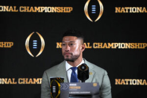 Marcus Freeman speaks at a press conference.