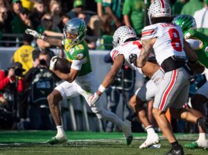 Oregon WR Tez Johnson in action.