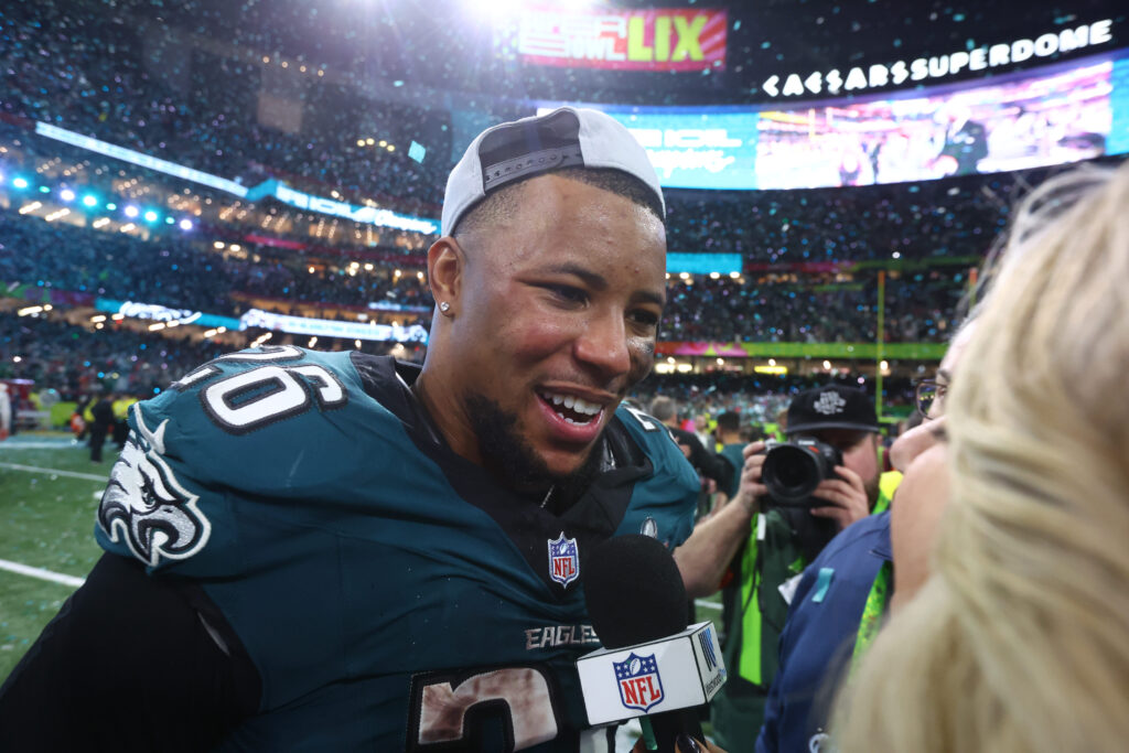 Saquon Barkley shown on field after Super Bowl.