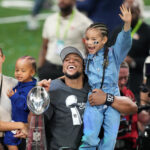 Eagles RB Saquon Barkley celebrates a Super Bowl.