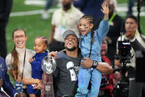 Eagles RB Saquon Barkley celebrates a Super Bowl.