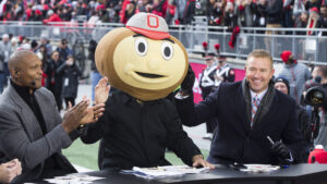 Kirk Herbstreit and Eddie George shown on set of College GameDay at Ohio State.