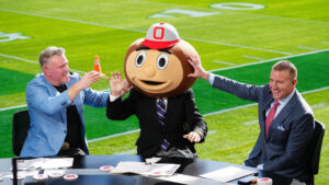 Lee Corso in Ohio State's headgear.