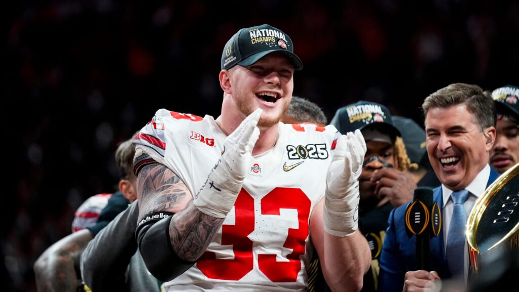 Ohio State DE Jack Sawyer celebrates.
