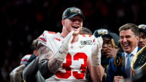 Ohio State DE Jack Sawyer celebrates.
