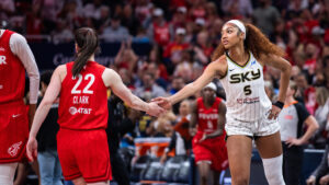 Caitlin Clark and Angel Reese face off.