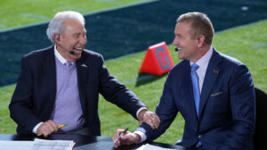 ESPN hosts Lee Corso and Kirk Herbstreit on the set of College GameDay.
