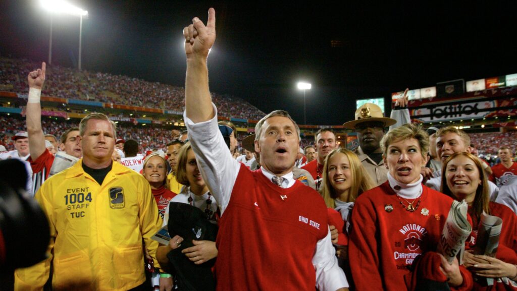 Ohio State head coach Jim Tressel celebrates.