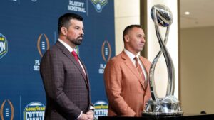 Ohio State head coach Ryan Day and Texas head coach Steve Sarkisian.