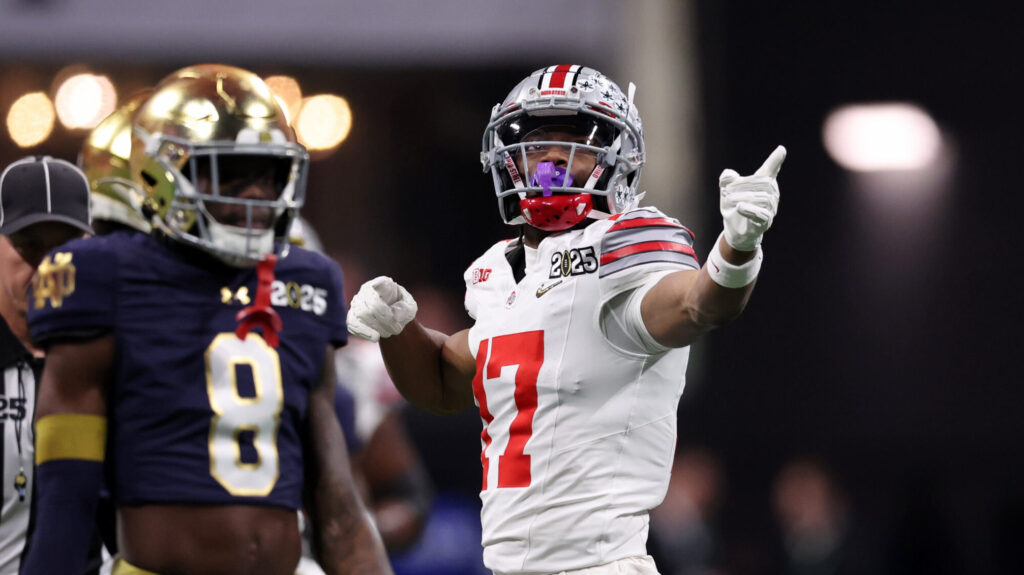 Ohio State WR Carnell Tate celebrates a grab.