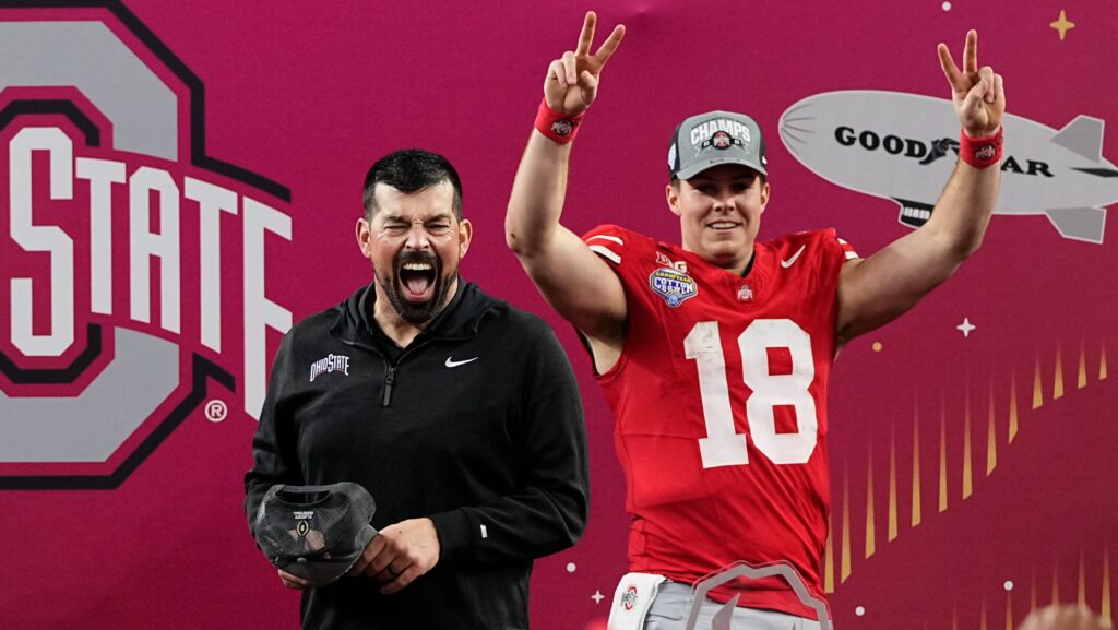 Ohio State head coach Ryan Day and Will Howard celebrate.