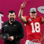 Ohio State head coach Ryan Day and Will Howard celebrate.