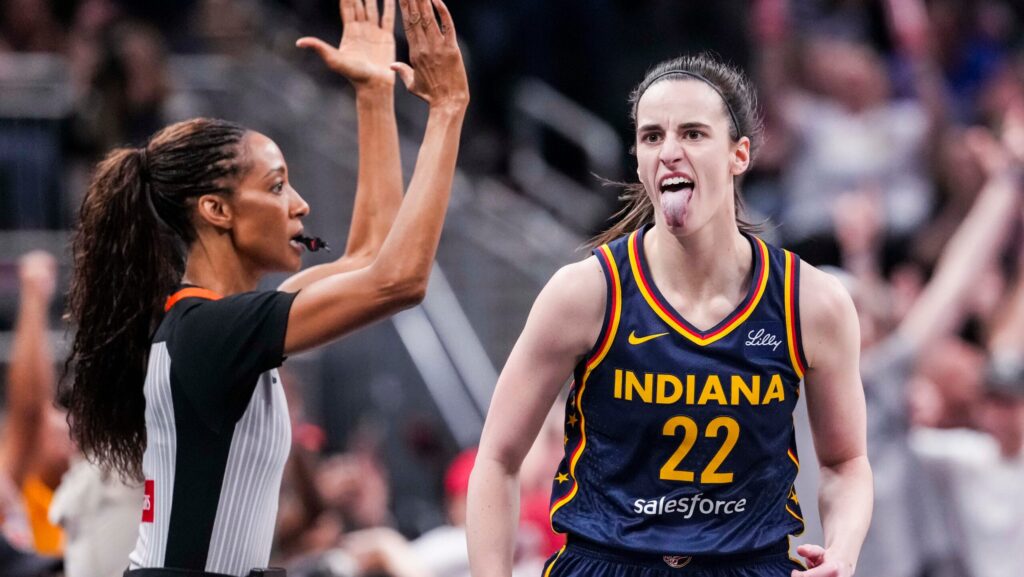 Indiana Fever star Caitlin Clark reacts to a made basket.