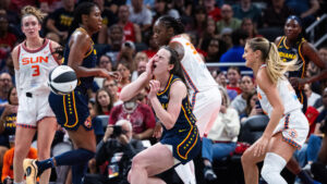 Caitlin Clark reacts to being fouled.