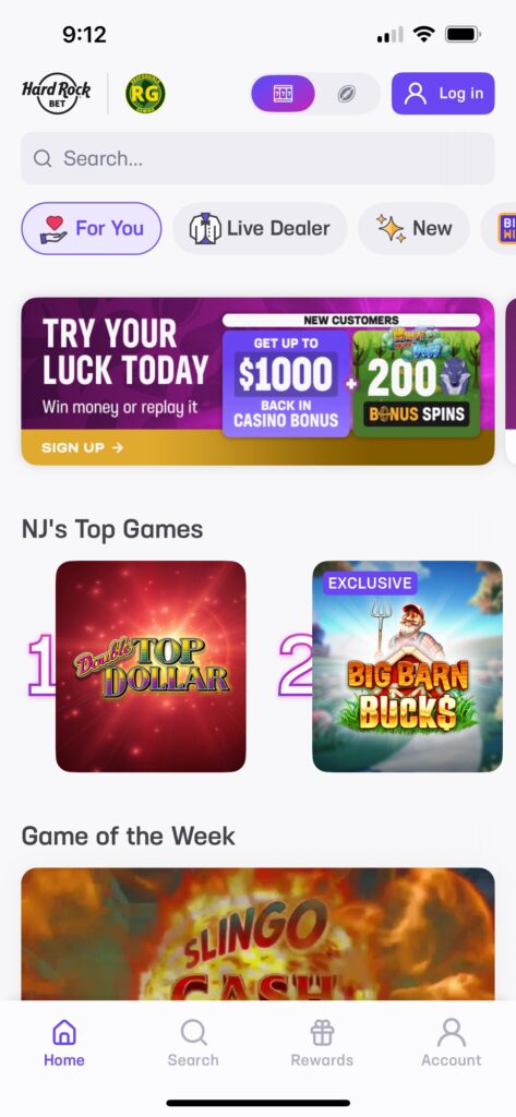Hard Rock Bet Casino home screen