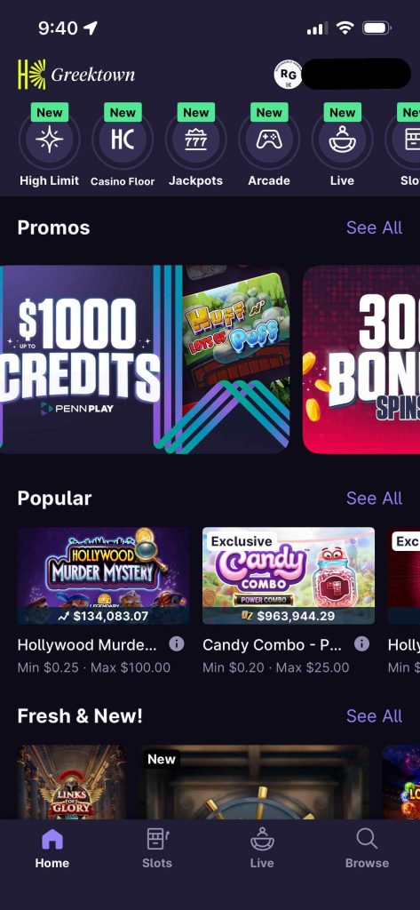 Hollywood Casino home screen