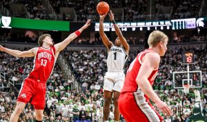Michigan State's Jeremy Fears Jr. shoots against Ohio State.