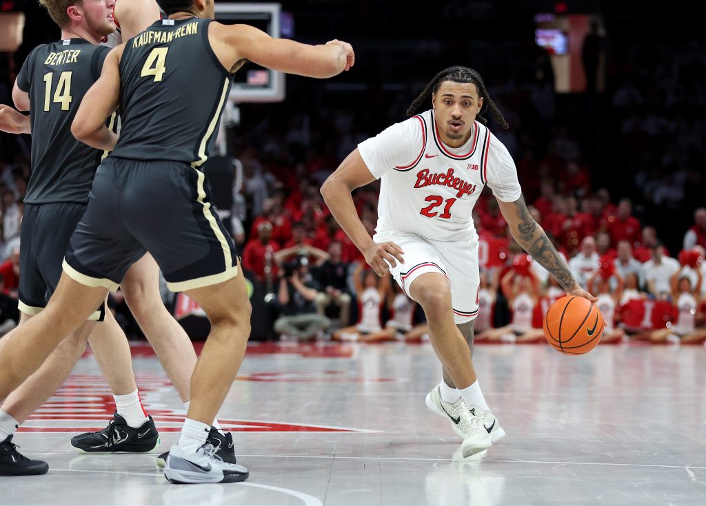 Devin Royal (21) drives to the basket during the second half against the Purdue
