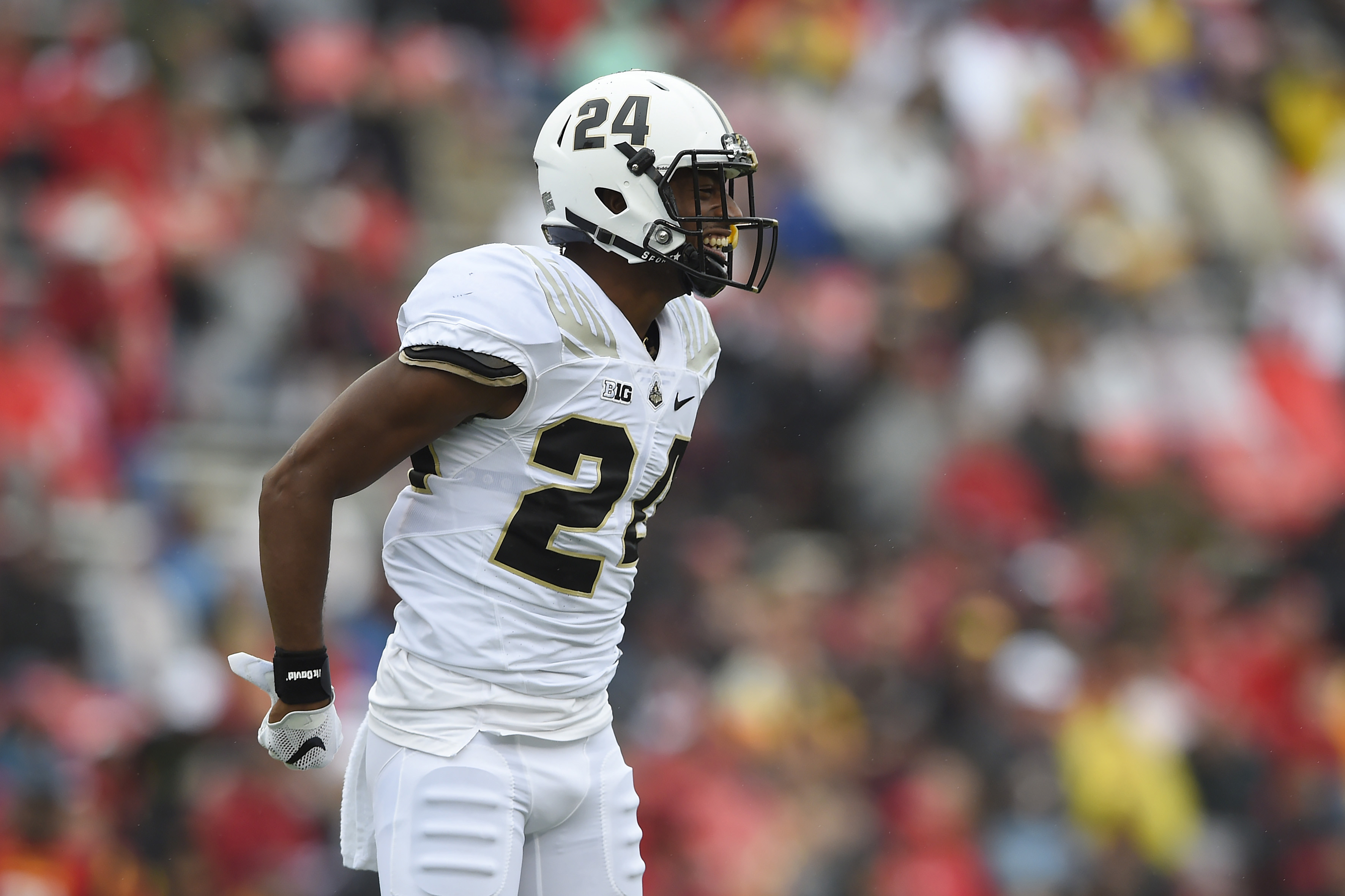 Oct 1, 2016; College Park, MD, USA; Purdue Boilermakers safety Tim Cason (24) reacts after an interception during the first quarter against the Maryland Terrapins at Byrd Stadium. Mandatory Credit: Tommy Gilligan-USA TODAY Sports