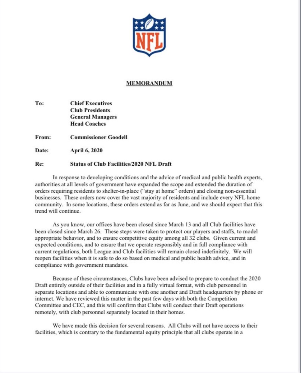 Official NFL Draft will proceed virtually, with team personnel