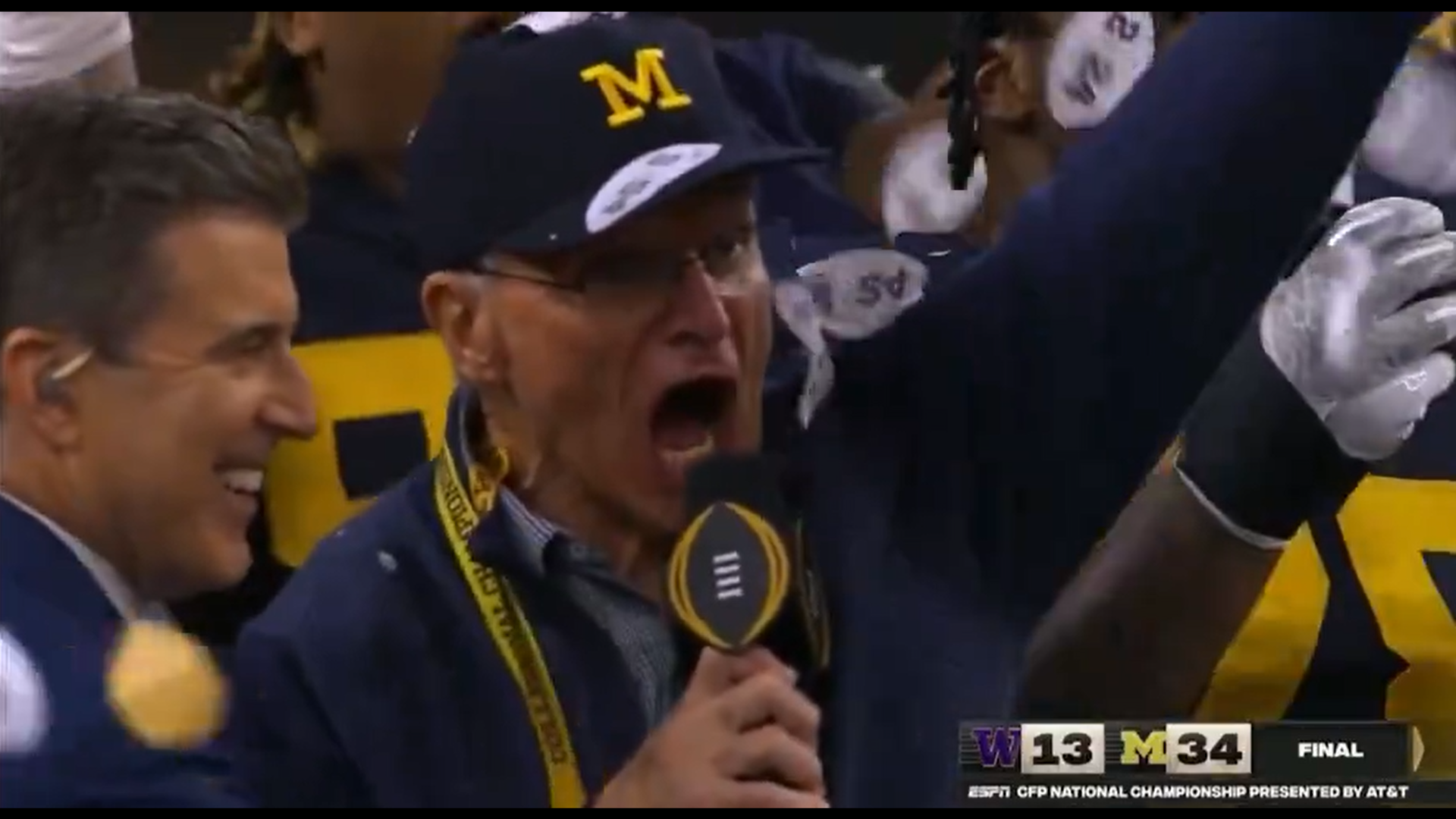 Jack Harbaugh delivers iconic mantra during Michigan’s CFP trophy